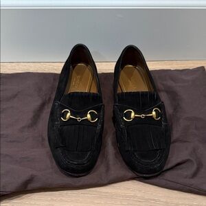 Authentic pre loved Gucci Black Suede Horsebit Kiltie Loafers - Gold Hardware